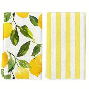 2Pcs Lemon and Yellow and White Striped Kitchen Towels 40Cm*60Cm Towel Set Super Absorbent Soft Cleaning Cloth Cooking and Baking Tea Towel Hand Towel Cleaning Cloth Dishwashing Cloth Kitchen Decoration Living Room Decorations Kitchen Essenti...