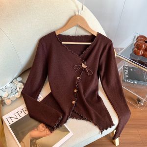 Áo Len Dệt Kim Tay Dài Cổ Chữ V Màu Xám Đậm Cho Nữ Mùa Thu Áo Ngắn Bất Đối Xứng Áo Sơ Mi Mềm Mại Phong Cách Hàn Quốc