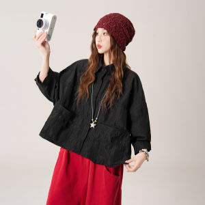 SHANGWEILUO | Textured Large Pocket 7/8 Sleeve Loose Summer Women Shirt