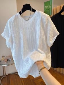 Extra Large Size 150.00kg Texture Sense Pleated Short Sleeves T-Shirt Womens Summer 2024 New Arrival Western Style Youthful-Looking Loose Tops