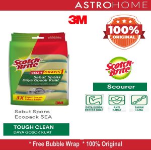 Scotch Brite 3M - Sabut Spons Hijau Cuci Piring Sponge Ecopack ID 30 P5 Isi 4 Pcs + Free 1 Pcs