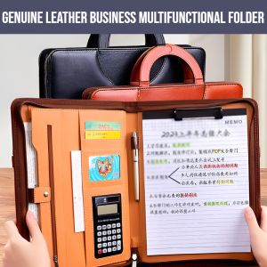 Genuine Leather Business Multifunctional Folder Waterproof Leather Portfolio Document Organizer Bag Large Capacity Briefcase Folder Flexible Storage