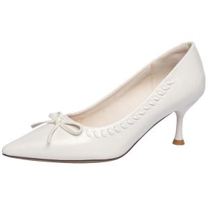 Josiny | Pointed Toe Slim Heels White Wedding Shoes With Bow
