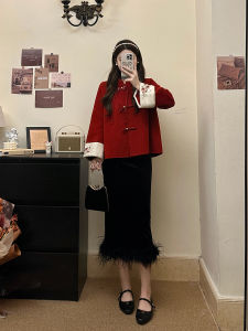 plus Size Womens Red Double-Faced Woolen Coat And Skirt Set New Chinese Style Winter Fashion Outerwear for Plump Ladies