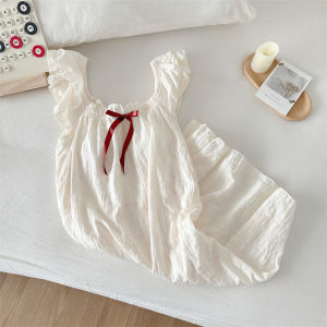 Summer Womens Short Sleeve One-Piece Sleep Dress Milk Apricot Color with Chest Pad Sweet Home Clothes Butterfly Knot Mid-Length