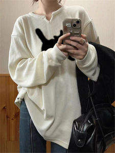 Fancy Kitten Print Long Sleeves T-Shirt Autumn and Winter V-neck Bottoming Shirt for Women Loose Mid Length Long Length Inner Wear Blouse Couple