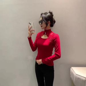 Yimei Guangzhou beautiful womens T-shirt Korean version 2023 new autumn/winter bottom shirt fashionable and fashionable cutout lace half high neck pink top