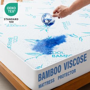 1pc Mattress Protector - Cool Bamboo Viscose 3D Air Fabric Breathable & Noiseless Fitted Sheet with Blue/Grey Leaf Pattern