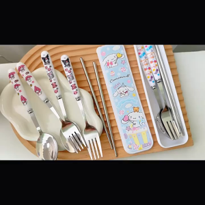 Sanrio Anime Chopsticks Fork Spoon Set Stainless Steel Kuromi My Melody Tableware Portable Kit