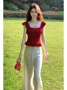 YUEZHONGWEI | French Style Square Collar Mini Sleeve Knitted Vest Women Summer Outerwear Slim Fit Short Length Dopamine Style Top