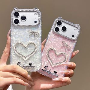 EOENKK | Luxury Diamond Love Heart Shell Texture Phone Case For iPhone 11 12 13 14 15 16 17 Pro Max Plus Shockproof Women INS Phone Cover