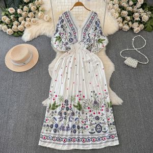 Summer 2025 Ethnic Style Floral Print V-Neck A-Line Maxi Dress Batwing Sleeves High Waist Holiday Long Dress Womens Fashion