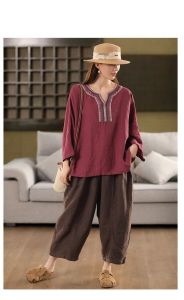 Heavy Ethnic Embroidered Cotton Linen Shirt - Retro Crochet 3/4 Sleeve Plus Size Blouse Loose Casual Womens Top