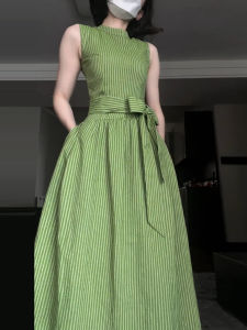 Homecore | Summer Exclusive Elegance Green Stripe Sleeveless Maxi Dress