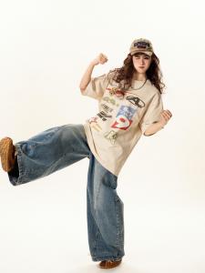 Retro American Printed Short Sleeve T-Shirt Womens Loose Versatile Design Couples Top Street Style Casual Summer Wear