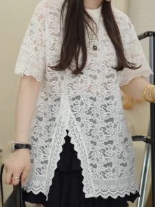 BINKAFENNY | Beach Vacation White Lace Shirt Womens Short Sleeve Hollow Out Summer Plus Size Design Sensation Beautiful Top Korean Style