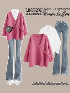 plus Size Womens Autumn Winter Denim Set Pink Sweater Shirt Flared Pants Three Piece Suite Slimming Meat Covering High Waist Jeans