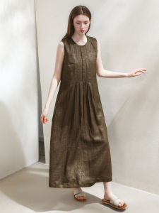 Miccbeirn | Pure Linen Spray Gold Pleated Sleeveless Dress A-Line Skirt Simple High Waist Long Dress Commute Style Summer Season