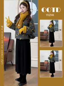 Winter Outerwear Set Elegant Commuter Style Korean Fashion Polyester Fiber Long Sleeve Mid-Length Dress A-Line Skirt