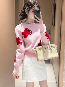 SHANGSHA | Atmospheric Unique Stylish Anti-aging Pink Floral Knitted Summer Top