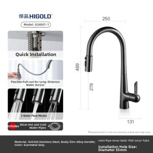 HIGOLD | Pull-Out Kitchen Faucet Stainless Steel Cold & Hot Water 360° Rotation