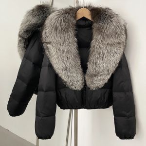 Áo Khoác Phao Lông Vũ Trắng Mùa Đông Nữ Áo Khoác Lông Chồn Thật Kiểu Dáng Thường Ngày Dày Dặn Rộng Rãi Ngắn Có Cổ Áo Lật Khóa Kéo