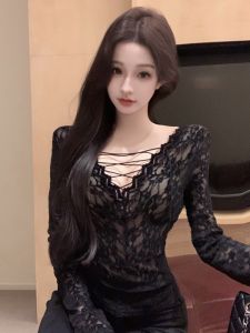 GUZILIAN | เสื้อเชิ้ตแขนยาวลายลูกไม้เซ็กซี่สไตล์สาวสุดเก๋ เสื้อชั้นในสีดำเข้ารูปเข้ารูป เสื้อผ้าทำงานสไตล์เกาหลี