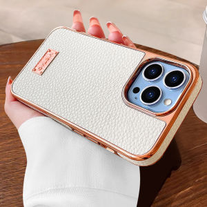 VIETAO White PU Leather Lychee Pattern Phone Case For iPhone 14 13 12 11 XR Plating Full Coverage Cell Phone Cover Shockproof