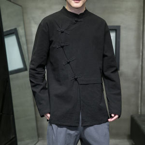 New Chinese Style Tang Suit Shirt Mens Long Sleeve Spring Design Button Decorative Linen Casual Wear Youth Pure Color