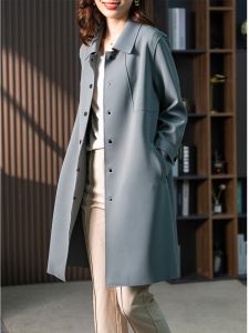 เสื้อคลุมกันลมสีฟ้าหมอก ทรงหลวม ทรงเข้ารูป สไตล์ย้อนยุค สไตล์อังกฤษ เสื้อคลุมยาวปานกลางสำหรับผู้หญิง