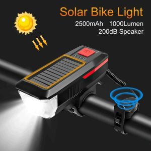 RYLA Solar Power Bicycle Light USB Rechargeable Cycling Headlight Waterproof Long Shoot 3 Modes LED Mountain Bike Front Light with 5 Modes 120dB Horn