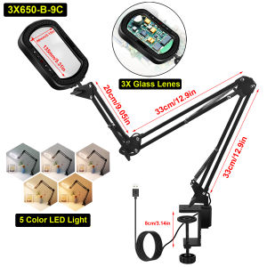 Toolour 3X Rectangle Magnifying Glass with Light and Clamp 5 Color Modes Stepless Dimmable Flexible Swing Arm LED Desk Lamp