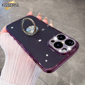 【With Lens Film】KISSCASE Metal Ring Bracket Electroplated PC Clear Case For iPhone 14 Pro Max Lens Camera Protective Back Cover Case For Apple iPhone 14 13 12