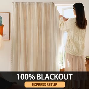 1Pc Self-Adhesive Portable 100% Blackout Double-Layer Curtains One-Layer Cloth and One-Layer Yarn Punch-Free Sunshade and Heat Insulation Curtains Can Be Used in All Seasons.