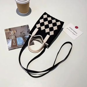 Knit Mini Phone Bag for Ladies Stylish Plaid Design Crossbody Shoulder Handbag