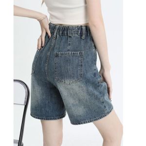 High Waist Five Inch Denim Shorts Womens Summer Thin Adjustable Loose Wide Leg Straight A-Line Pants Blue Casual Shorts