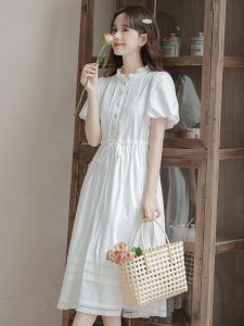 Retro French Lace Trim round Neck Pure Cotton Summer White Short Sleeve Womens Dress Waist Cinched Midi Skirt Single Button