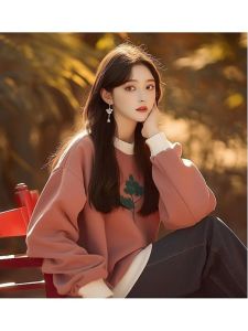 เสื้อสเวตเตอร์คอกลมแขนยาวหลวมๆ ลายพิมพ์ผ้าผสมคอตตอนสไตล์เกาหลีสำหรับผู้หญิงในฤดูใบไม้ร่วง 2024 แบรนด์ Outlet Design Sensation