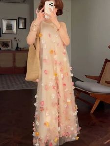 Váy Dài Không Tay Cổ Treo Họa Tiết Hoa Pháp Ngọt Ngào Mùa Hè Cho Nữ Váy Midi Chữ a Cạp Cao Không Tay Váy Midi Chữ a