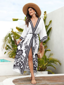 Áo Khoác Kimono Boho Rộng Thùng Thình Dành Cho Nữ In Hình Học Chất Liệu Rayon Mùa Hè Kiểu Kojima Có Dây Lưng Phong Cách Bãi Biển Size Lớn