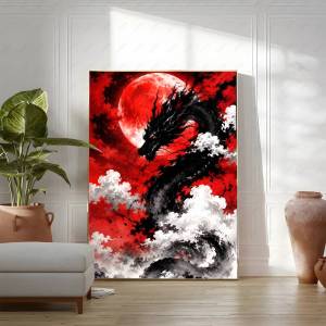 Bandai | Japanese Samurai And Dragon Canvas Wall Art Ukiyo-e Style Bushido Warrior Torii Gate Print Abstract Poster Vintage Home Decor
