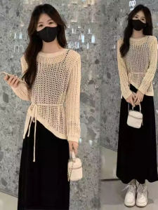 Womens Knitted Hollow out Sweater Mid-Length Waist-Cinching Air Conditioning Cover-Up Sun Protection Top Korean Style Loose Fit