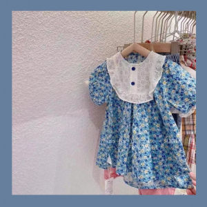 Spring Summer Floral Print Cotton Princess Dress for Girls Short Sleeve Childrens Fashion Sweet Skirt Korean Style A-Line Skirt