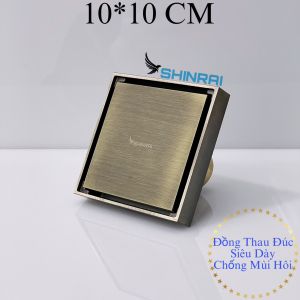 ( Đồng Thau Đúc Siêu Dày - 10*10 CM ) Ga Thoát Sàn  Phễu Thoát Nước Nhà Tắm SHINRAI Màu Vàng Đồng Chống Mùi Hôi