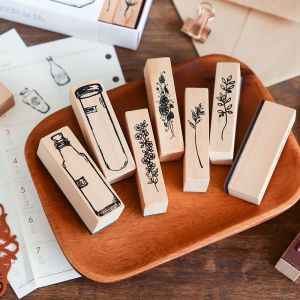 Original Vintage Lotus Wood Stamp Set Plant Vase Decorative Tools for Scrapbooking Journaling Home Fabric Sewing DIY Accessories