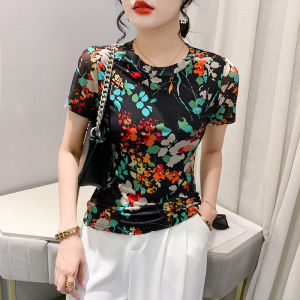 Yimei Áo Thun Nữ xinh đẹp áo thun lưới in cổ tròn 2023 thời trang mới mùa hè cho nữ áo phong cách hoài cổ ôm vừa và đa năng cho nữ