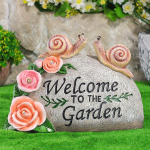 Outdoor Solar-Powered Snail on Rock Welcome Sign Garden Yard Lawn Decorative Gift Resin Craft Ornament