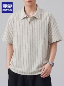 ROMON | Breathable Thin Cotton Leisure Striped Polo Shirt T-Shirt