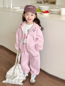 Spring New Arrival Kids Cartoon Cotton Hooded Open Cardigan Jacket Girls Sports Two-Piece Set Trendy Korean Style Childrens Wear