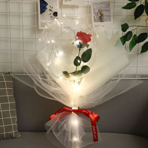 【Free Shipping】Transparent Bobo Balloon LED Luminous Balloon Rose Bouquet Happy Valentines Day Gift Birthday Party Wedding Decoration